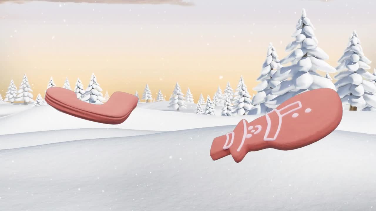 크리스마스 진저브레드 쿠키의 애니메이션은 겨울 풍경에서 눈이 내리는 동안.