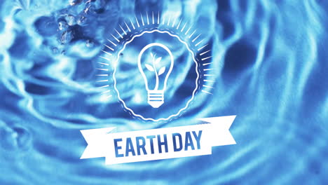 animation of earth day text and lightbulb on water background