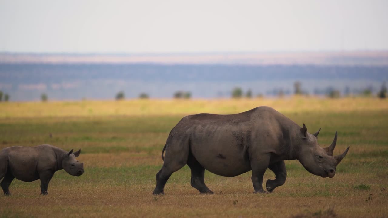 Rhino and baby together walking through Serengeti in Tanzania. Slow Motion.