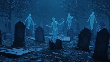 ethereal figures dance amidst tombstones: a haunting exploration of the supernatural and the afterlife in a mystical graveyard setting