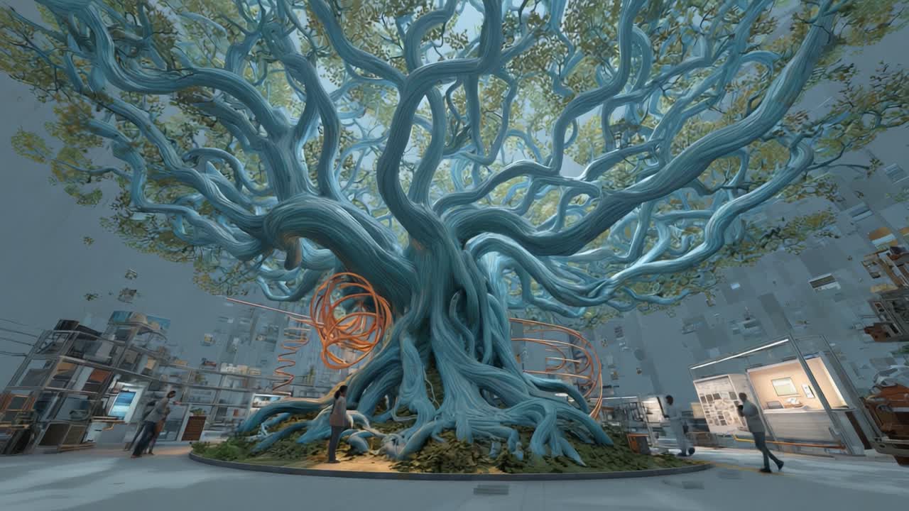 A Majestic Tree Dubai: A Whimsical, Evocative Display of Nature's Beauty and Innovation, Captured in a Stunning Interior Space with People Engaged in Varied Activities Surrounding the Central Tree Form