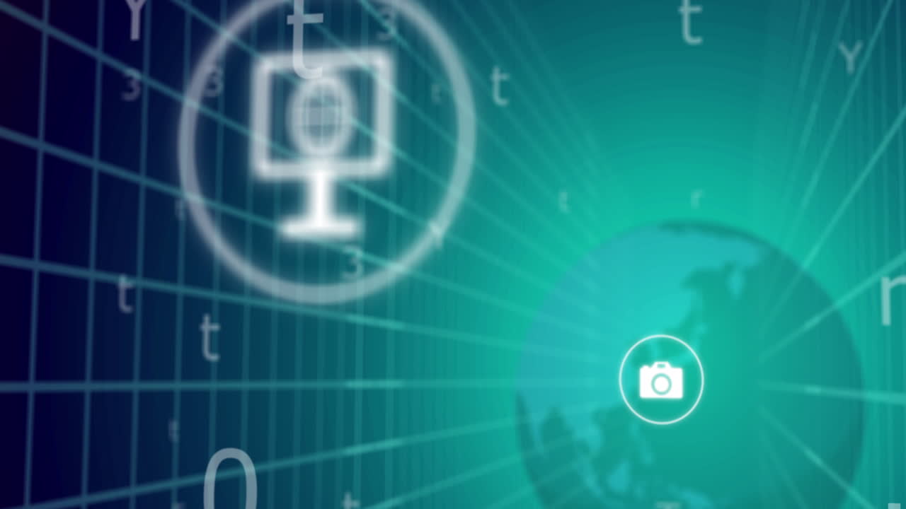 animación de letras, números con iconos de medios en el mundo sobre fondo azul