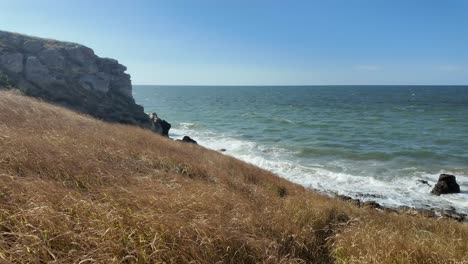 Waves-crash-against-rocky-shores-as-golden-grass-sways-in-the-breeze-under-a-clear-sky-in-Crimea,-showcasing-the-region's-natural-beauty