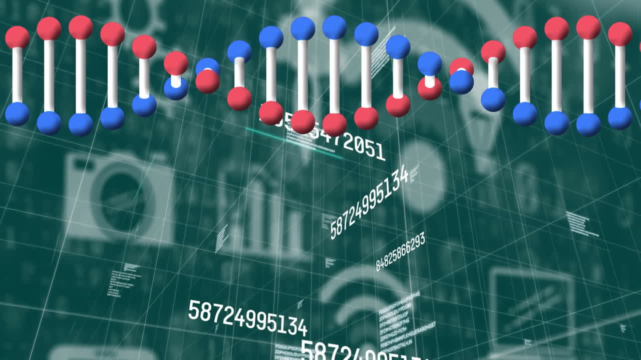 숫자가 변하는 애니메이션, 디지털 아이콘 위에서 회전하는 dna  ⁇