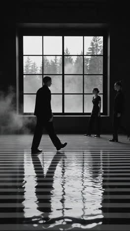 monochromatic figures walking on a reflective striped floor