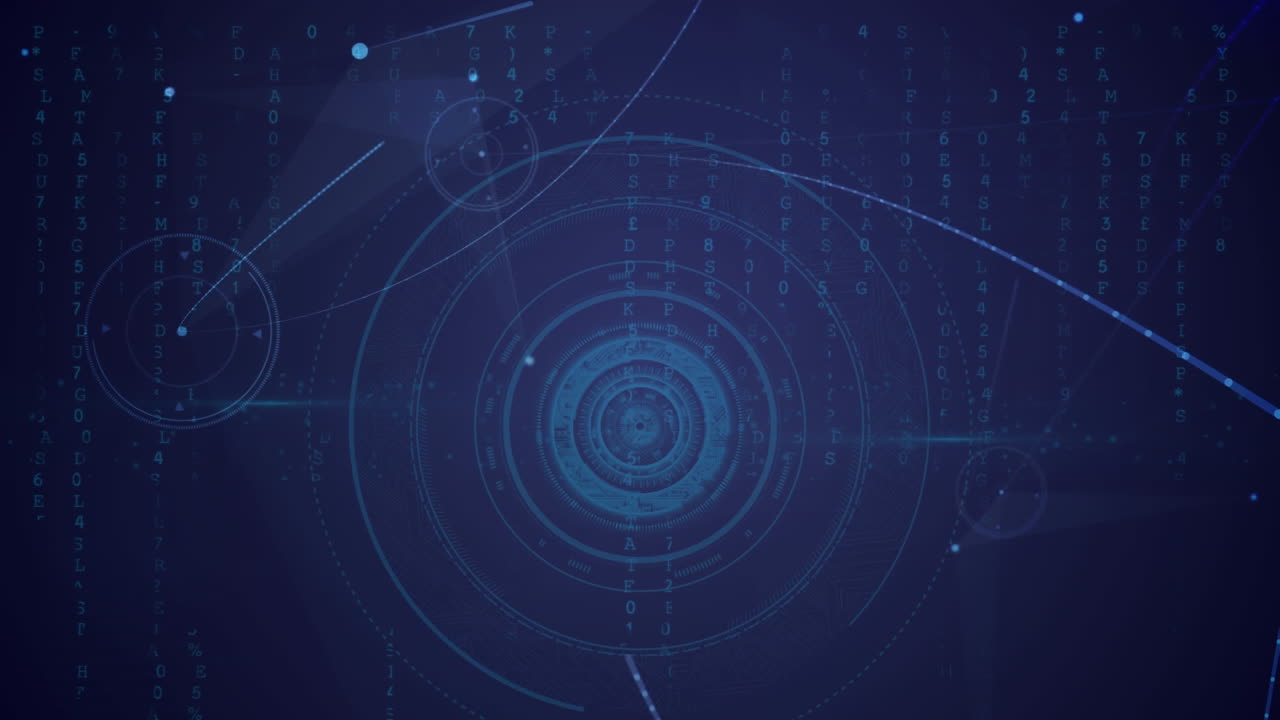 Animation of network of connections over round scanner and binary coding against blue background