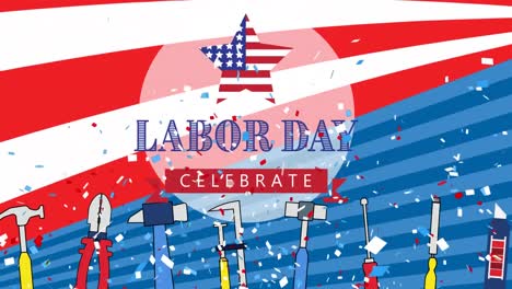 animation of labor day text over tools, red, white and blue of flag of united states of america