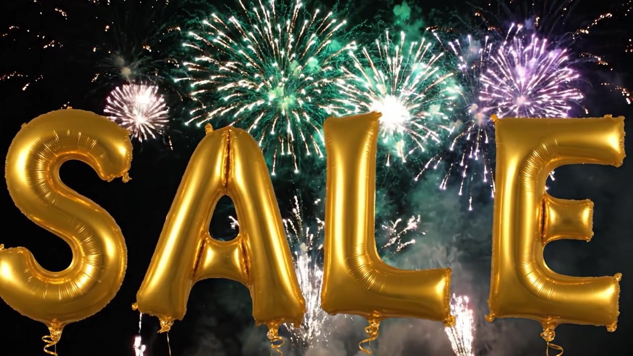 Entusiasmante annuncio di saldi con celebrazione di fuochi d'artificio scintillanti: goditi offerte a tempo limitato e sconti imperdibili in un'atmosfera vibrante.
