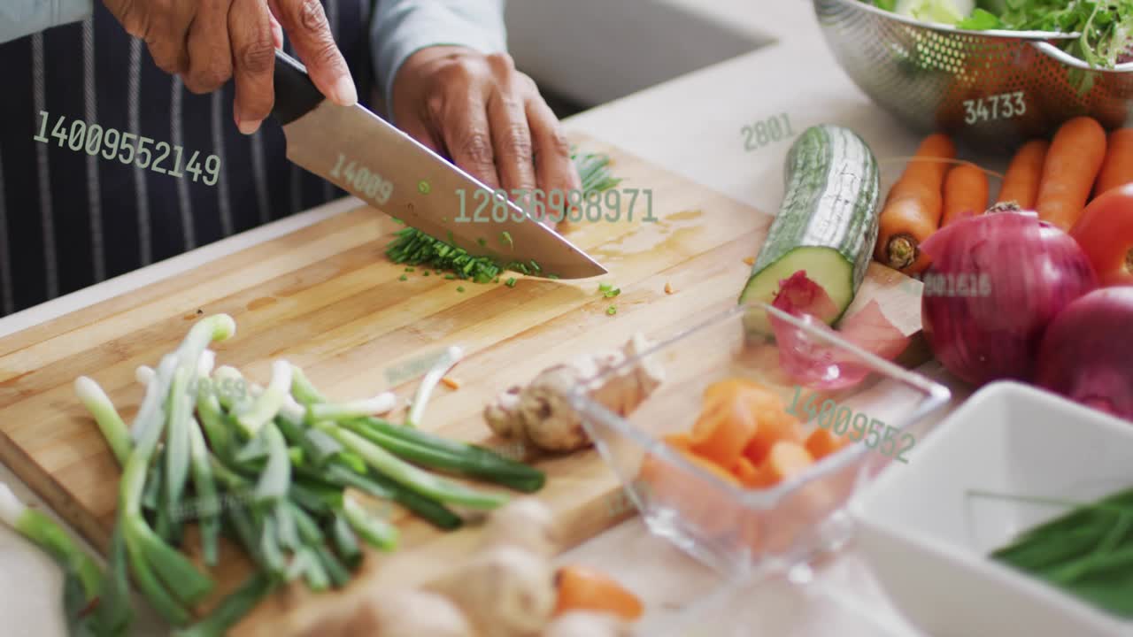 Home cook placing herbs on cutting board and chopping herbs with animated labels for food prep