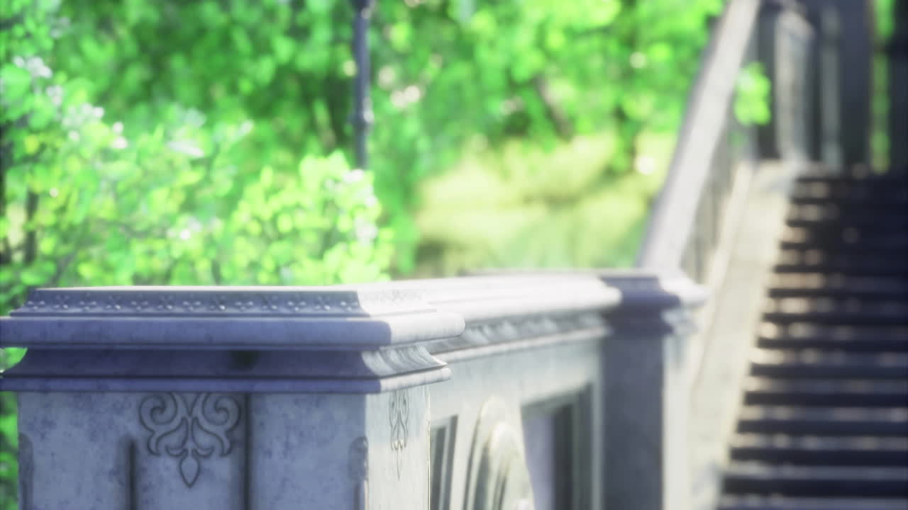 Stairway leading through a lush green park on a sunny day