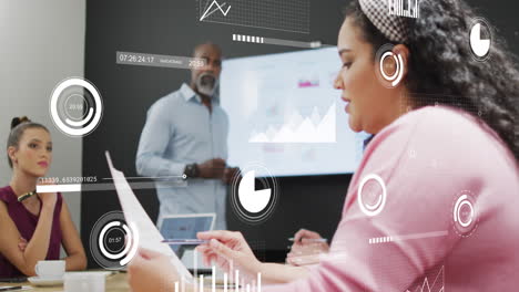 animation of graphs, loading bars and circles, diverse coworkers discussing reports on television