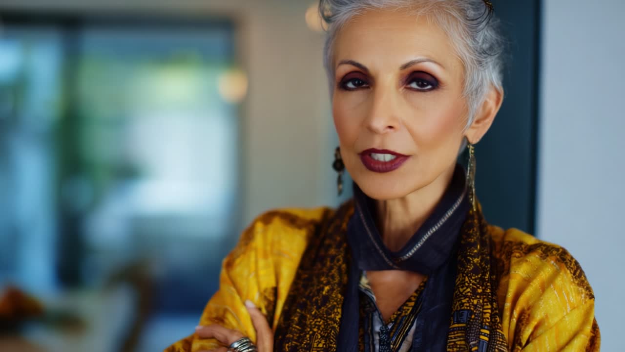 Donna sicura di sé con capelli argentei, vestita con un elegante abito giallo e gioielli, che posa con grazia, emanando saggezza e stile in uno spazio moderno