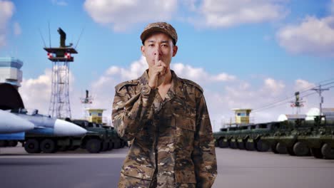 military personnel in uniform with finger on lips