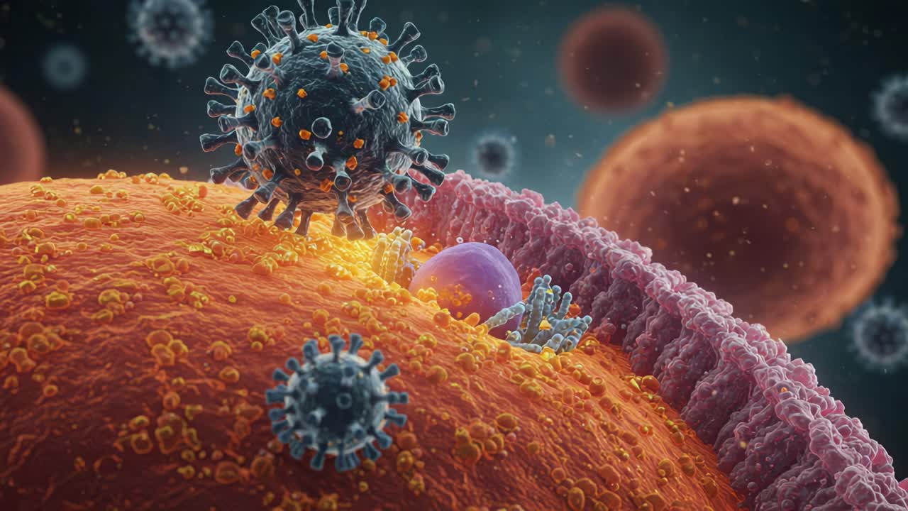 Rappresentazione visiva dell'interazione virale con la membrana cellulare ospite: illustrazione delle complesse dinamiche di infezione e risposta immunitaria in dettaglio microscopico