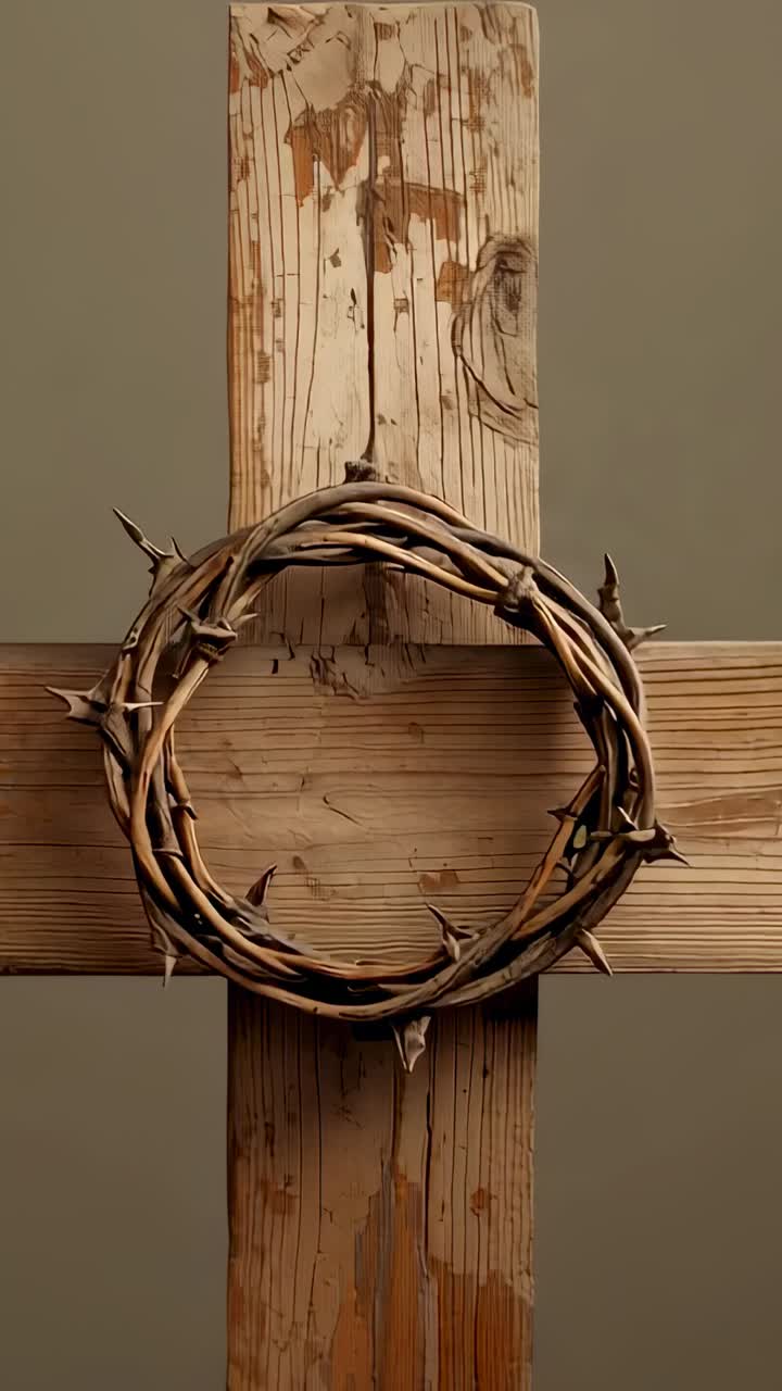 Vertical video: Opening on weathered wooden cross on taupe wall, showcasing crown of thorns