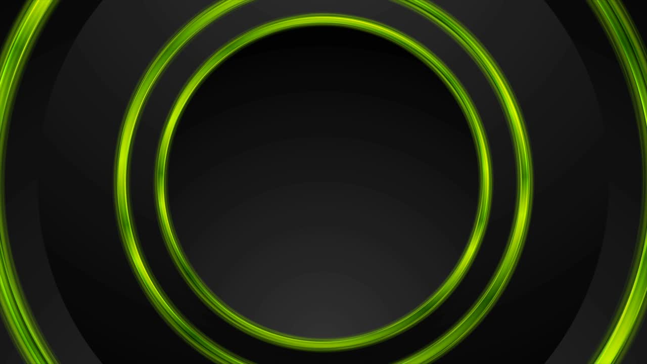Black abstract minimal circular motion background with green glossy rings