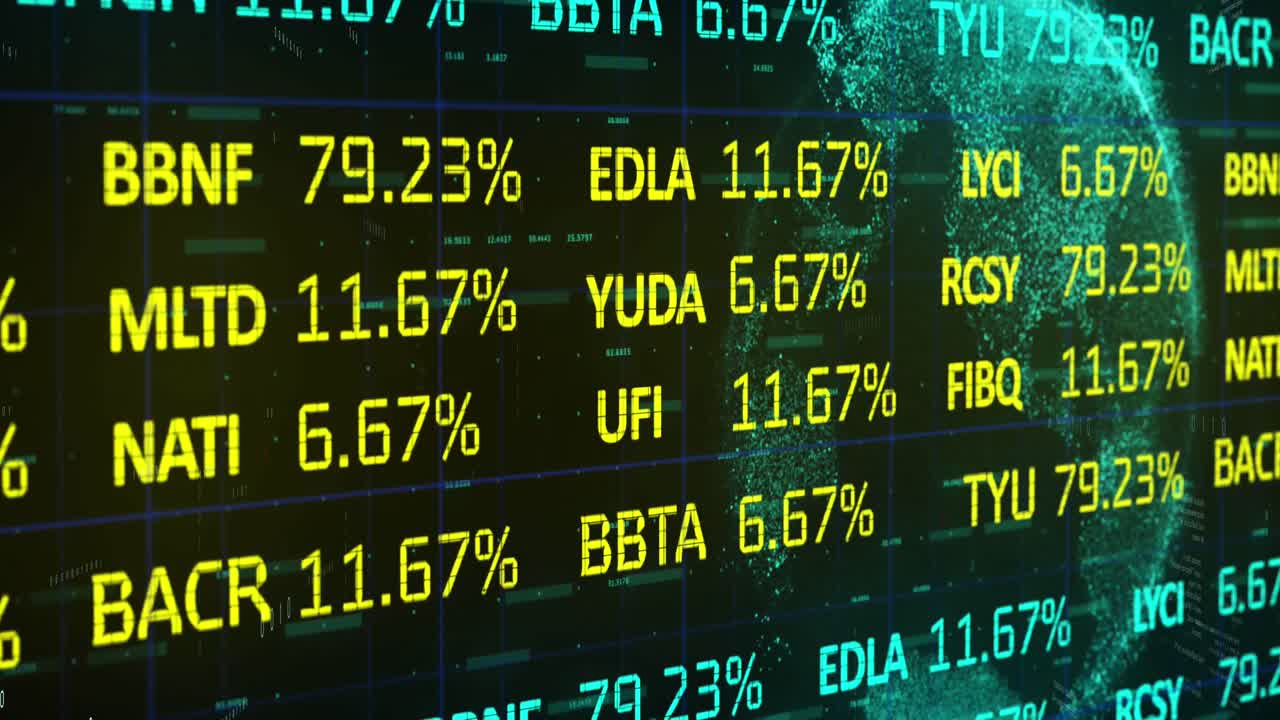 Animation of financial data processing and globe on black background