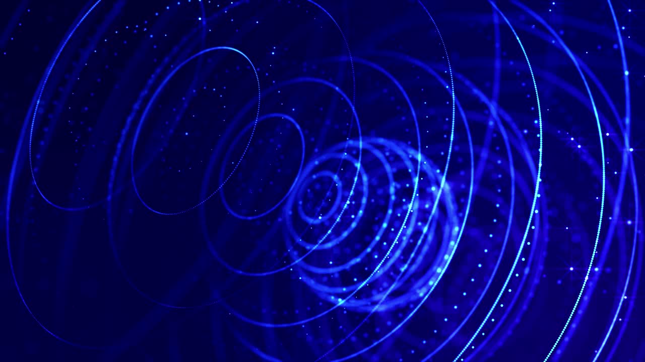 4k 루프 공상 과학 입자 배경, 보케 및 빛 효과: 빛나는 파란 입자가 선, 표면, 미세 세계 또는 공간과 같은 부드러운 움직임으로 복잡한 구조를 형성합니다.