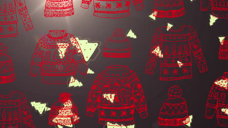 animación de la caída del árbol de navidad sobre la impresión del suéter sobre fondo negro