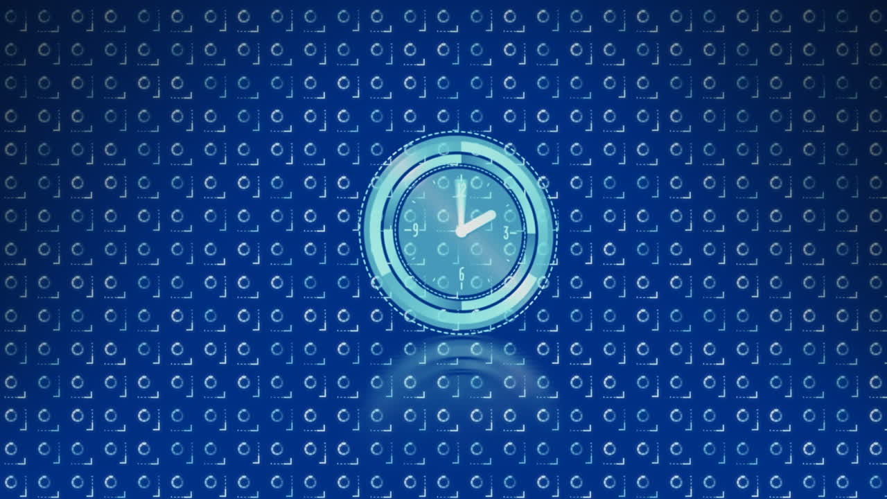 Animation of neon ticking clock over abstract pattern design against blue background
