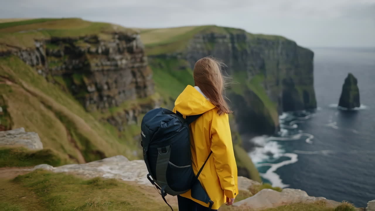 Traveler in Yellow Raincoat Overlooking the Cliffs of Moher in Ireland