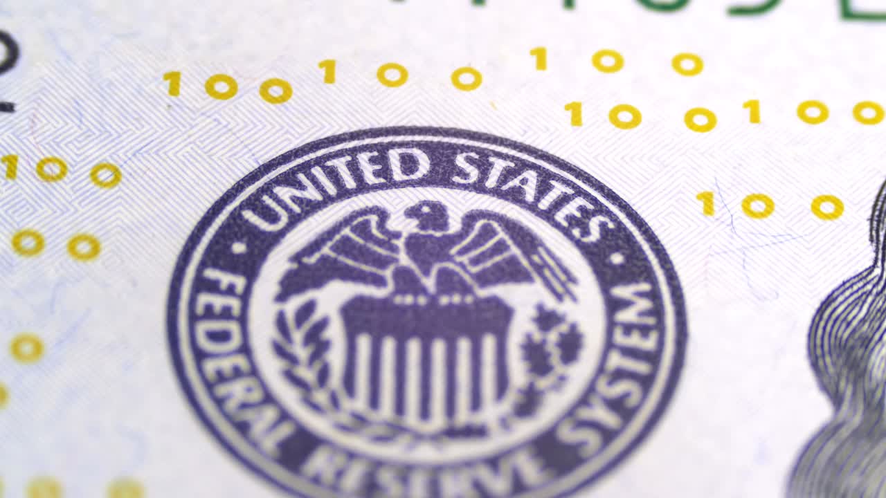 Parte delle banconote da 100 dollari USA, dettaglio della stampa degli Stati Uniti, il Sistema della Federal Reserve