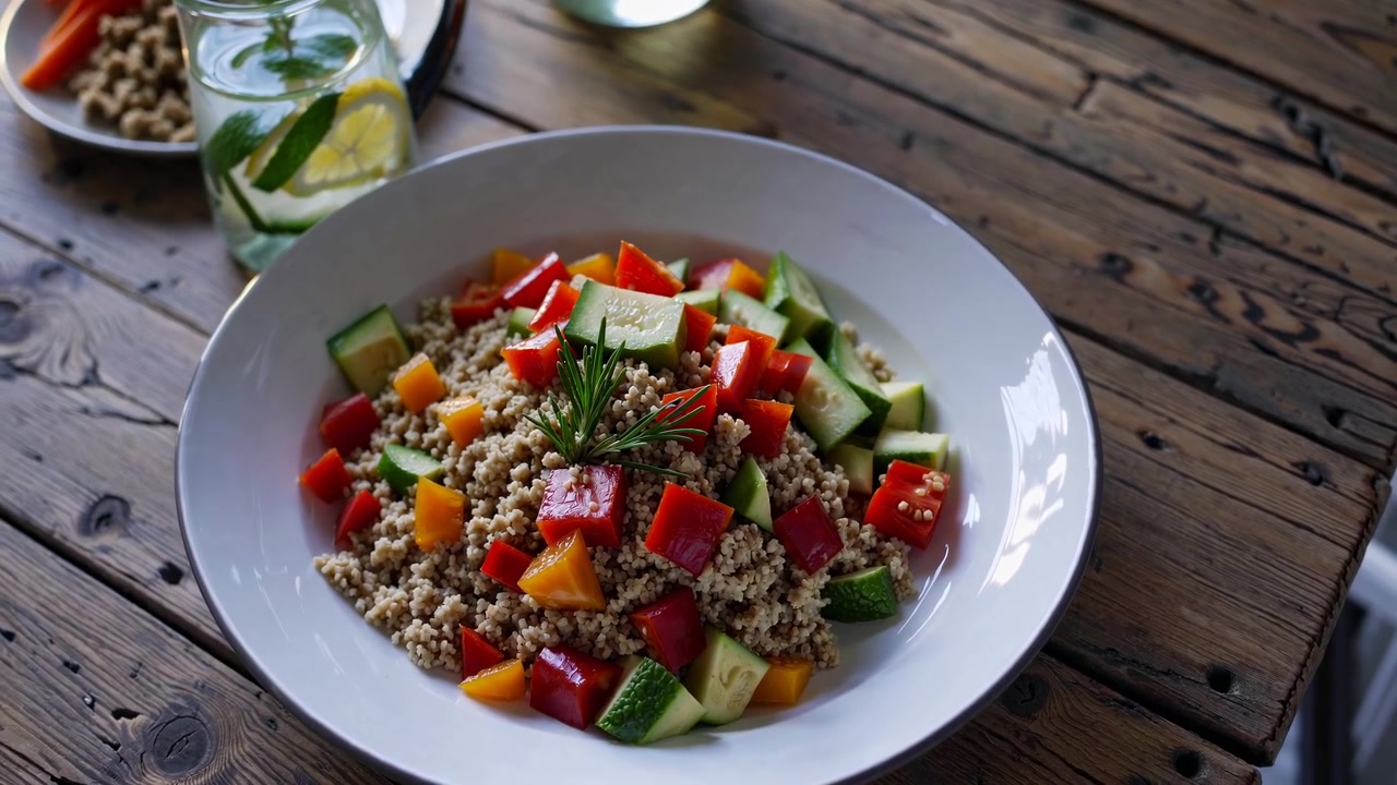 Salade de quinoa fraîche aux légumes et eau infusée sur une table en bois