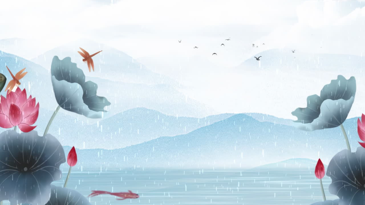 디지털 아트: 고대 풍경 그림 전통적인 잉크 황금 스타일 아름다운 평화의 국가 나무, 산, 꽃, 호수, 물, 새, 파란 하늘, 배