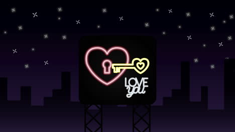 valentines day neon label animated with heart and key