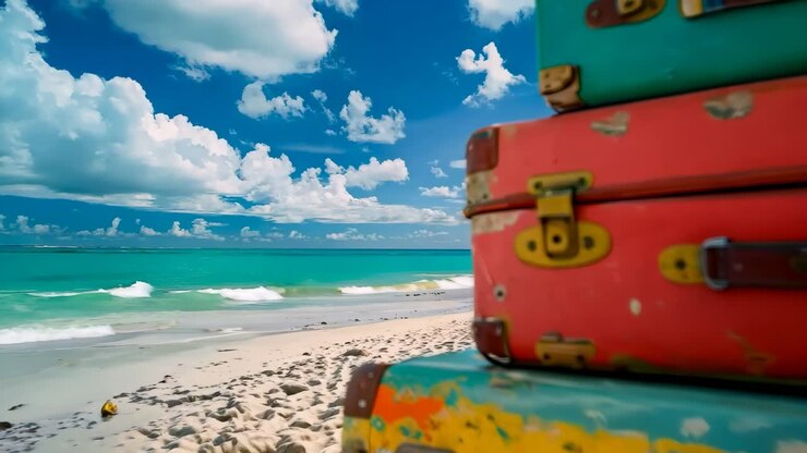 Een stapel kleurrijke koffers die bovenop elkaar op een strand zitten