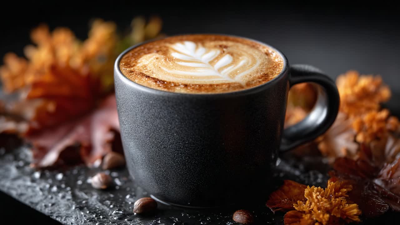 A Cozy Latte Artwork Surrounded by Autumn Leaves and Delicate Steam, Perfectly Capturing the Warmth of Fall in a Beautifully Styled Coffee Presentation