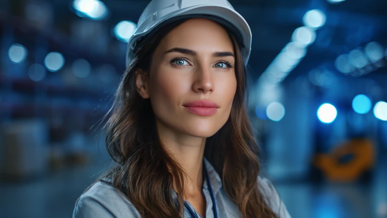 Ingegnere donna sicura di sé con cappello in ambiente industriale con sfondo sfocato illuminato da luci blu indistinte, che rappresenta l'emancipazione e la professionalità nel mondo del lavoro