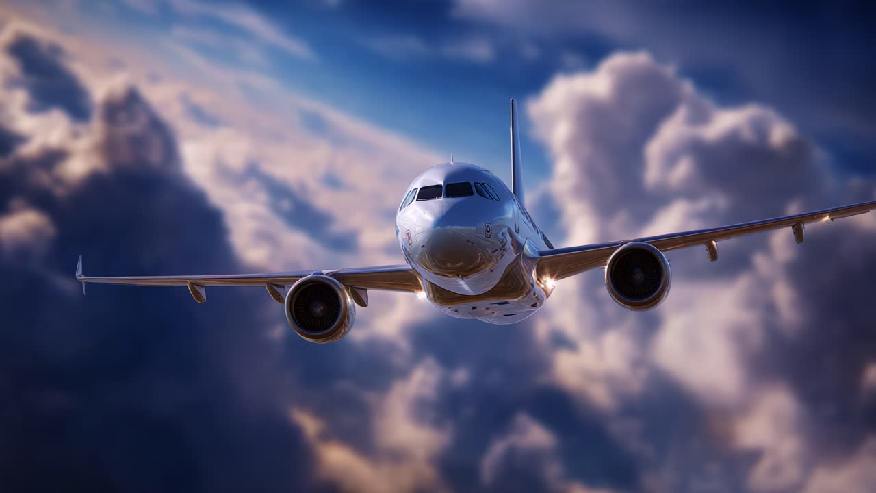 Avventura aerea: viste mozzafiato di un aereo commerciale che solca le maestose nuvole in un cielo azzurro limpido, catturando le meraviglie dell'aviazione e del volo