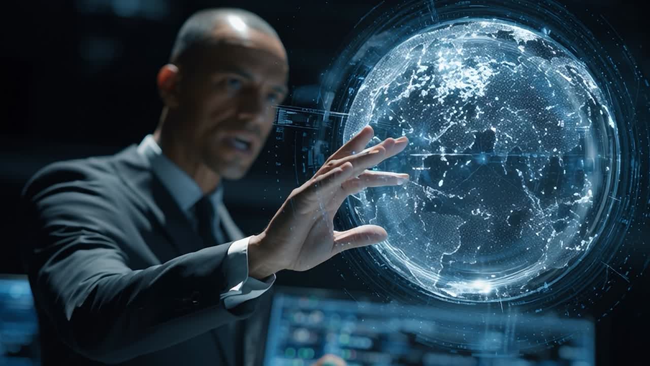 Futuristic man interacting with a holographic globe in a high-tech setting