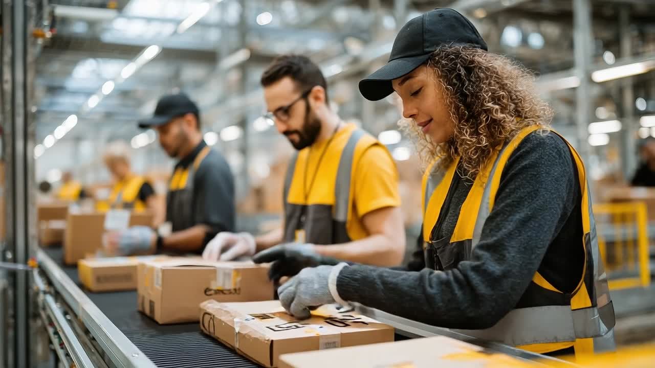 Operai che assemblano pacchi in un magazzino affollato durante il giorno.