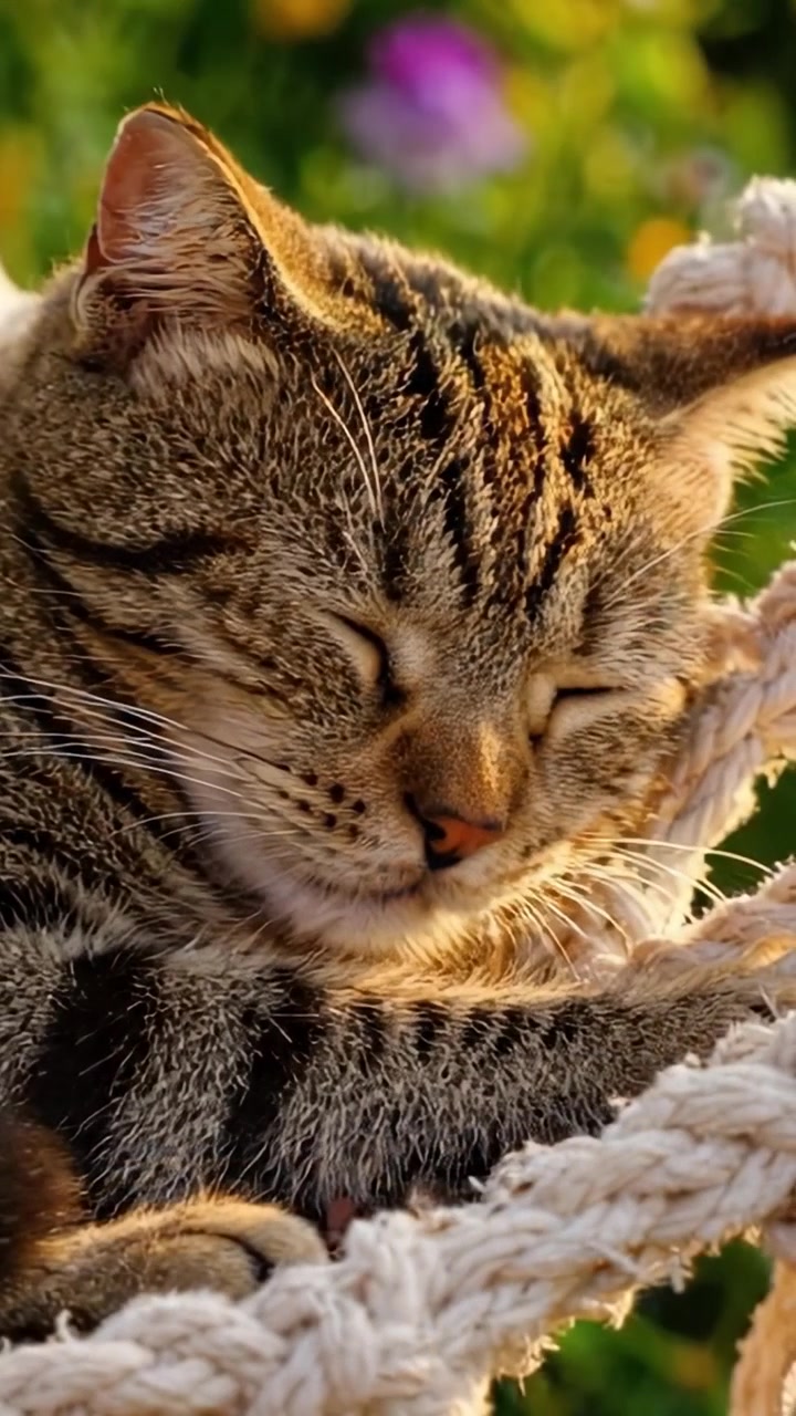 Un gatto rilassato si gode una giornata di sole, comodamente annidato in un'amaca circondato da fiori colorati e dalla bellezza della natura
