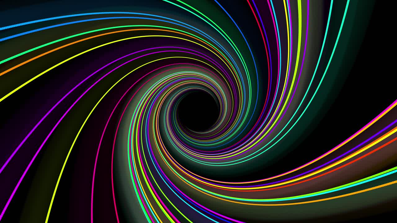 Abstract rainbow-colored vortex spiraling toward a black center