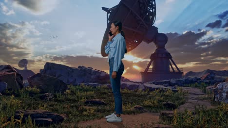 full body side view of an asian female professional worker standing with large satellite dish, she is speaking with someone in the phone