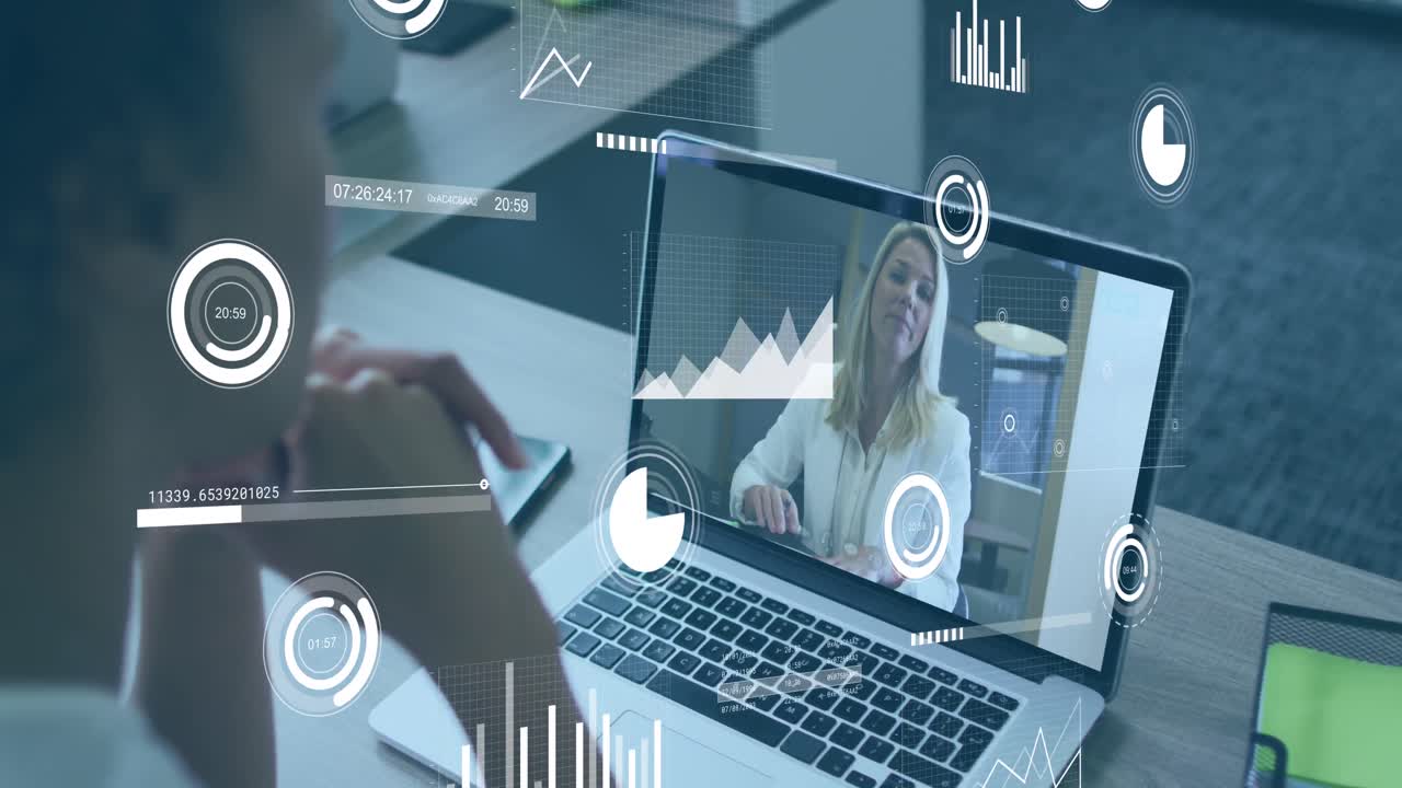 Animation of multiple graphs over diverse female coworkers discussing reports on video call