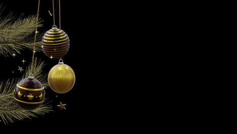 black and gold baubles swinging on christmas tree with gold stars on black background, copy space