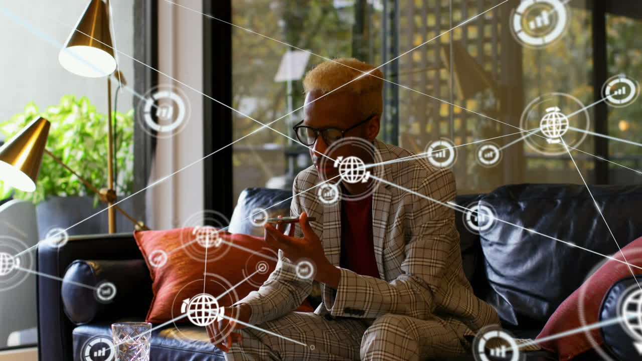 스마트폰을 사용하는 아프리카계 미국인 남성의 연결 네트워크의 애니메이션