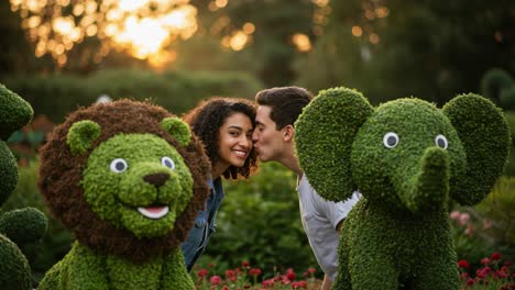 a playful and romantic moment captured between two people surrounded by charming topiary animals in a beautiful garden at sunset