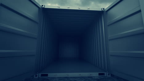 Reihe-Großer-Container-In-Einem-Hafenlager.-Animation-Des-Öffnens-Und-Betretens-Eines-Leeren-Containers.-Warten-Auf-Die-Beladung.-Transport-,-Versand-,-Logistik--Und-Lagerkonzept.-HD