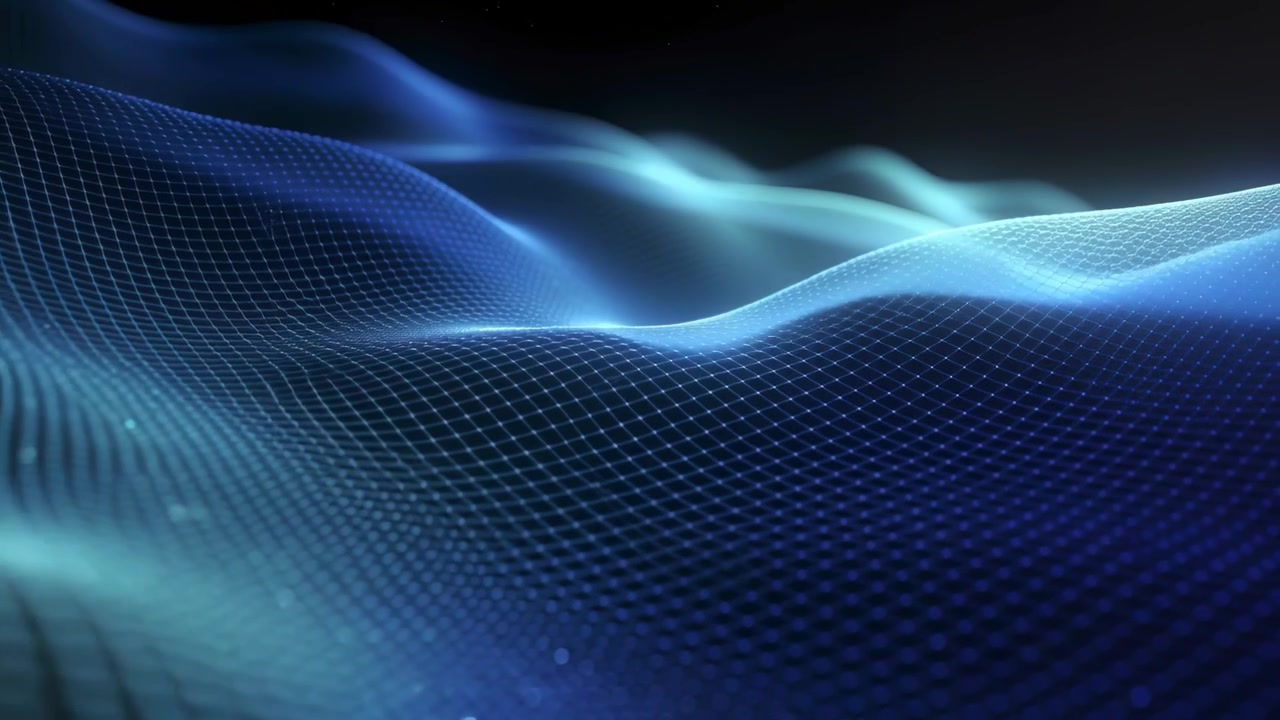 Moving camera pulling forward, revealing glowing mesh rippling toward front, showing cyan points