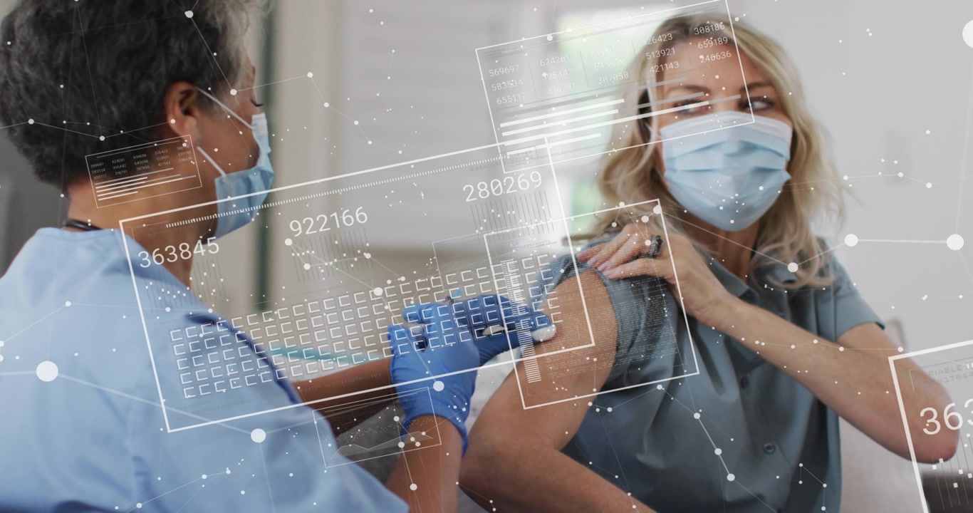 Patient rolling sleeve, nurse swabbing arm injecting vaccine, digital overlays highlighting metrics