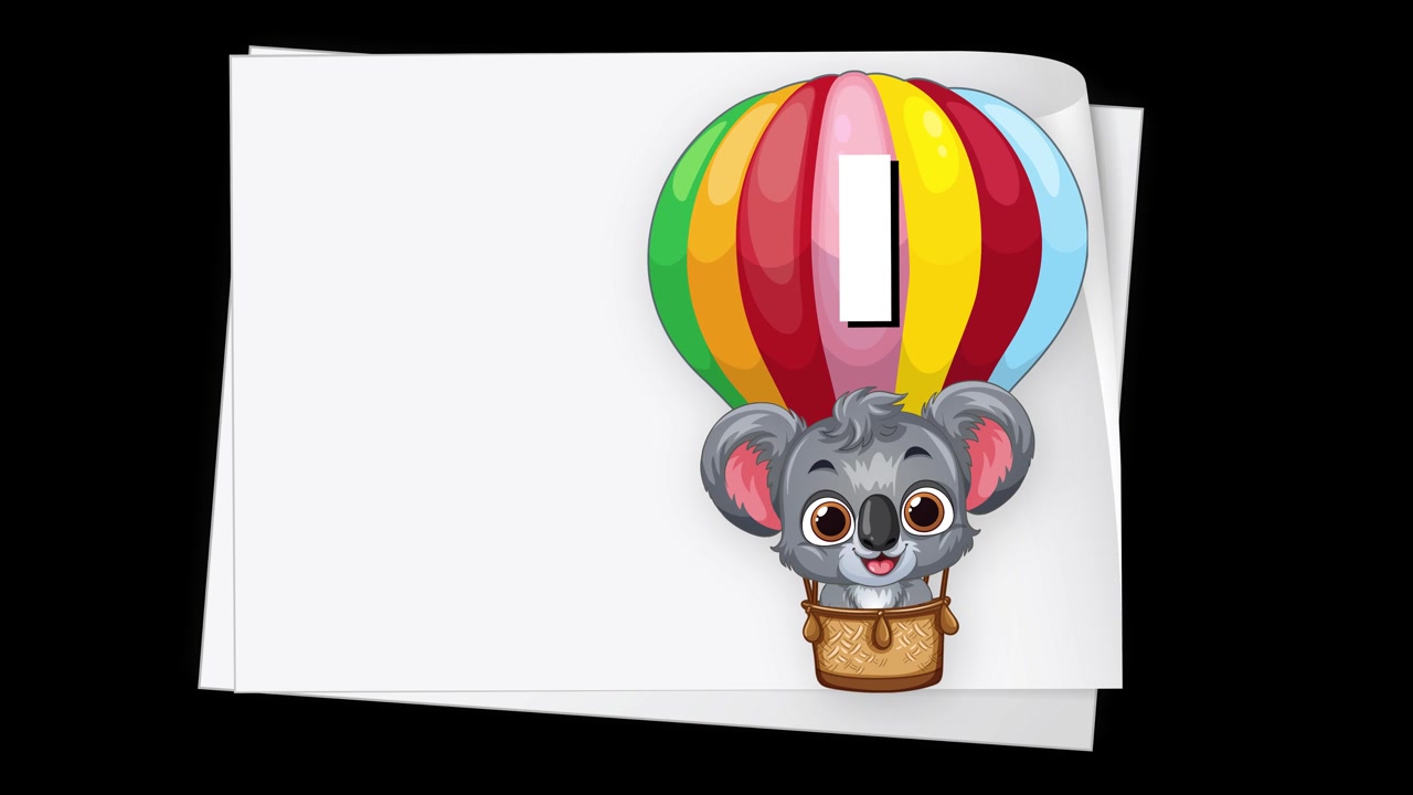 Søt koala svever i en fargerik varmluftsballong ved siden av et blankt papir på svart bakgrunn.