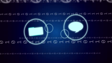 Animation of media icons over data processing on blue background