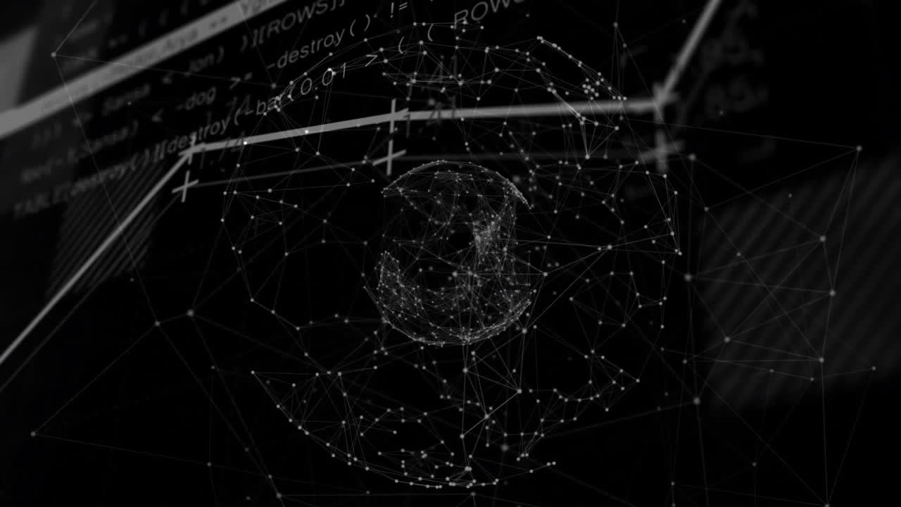 Abstract spherical network being animated in 3D render, with code fragments and mesh structures