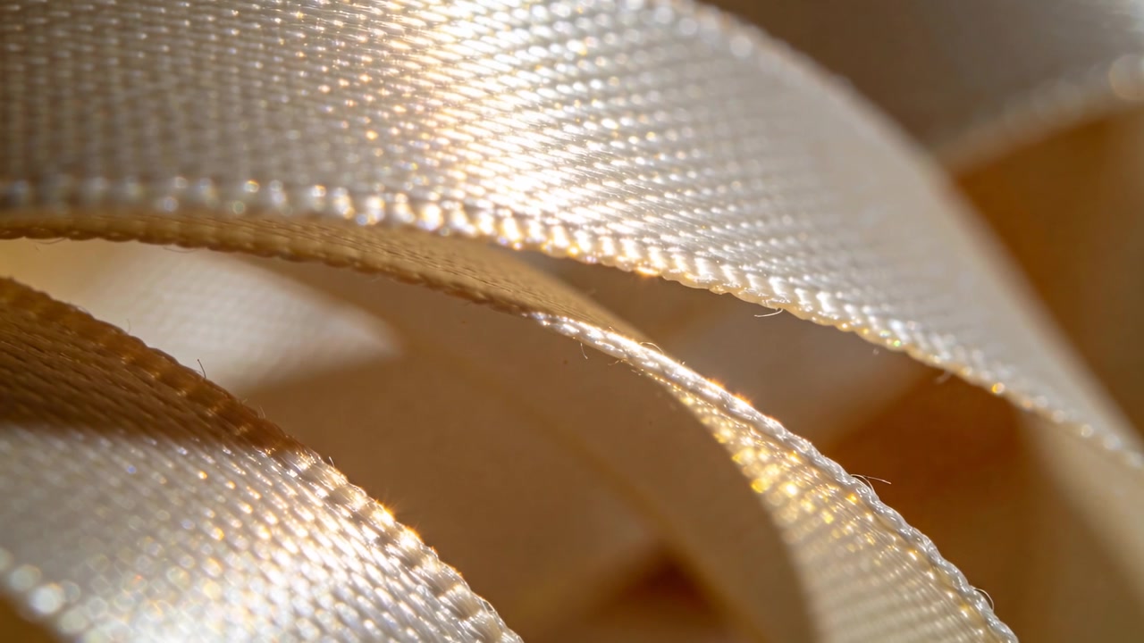 Moving camera revealing coiled cream satin ribbon on tabletop showing woven texture and stitching