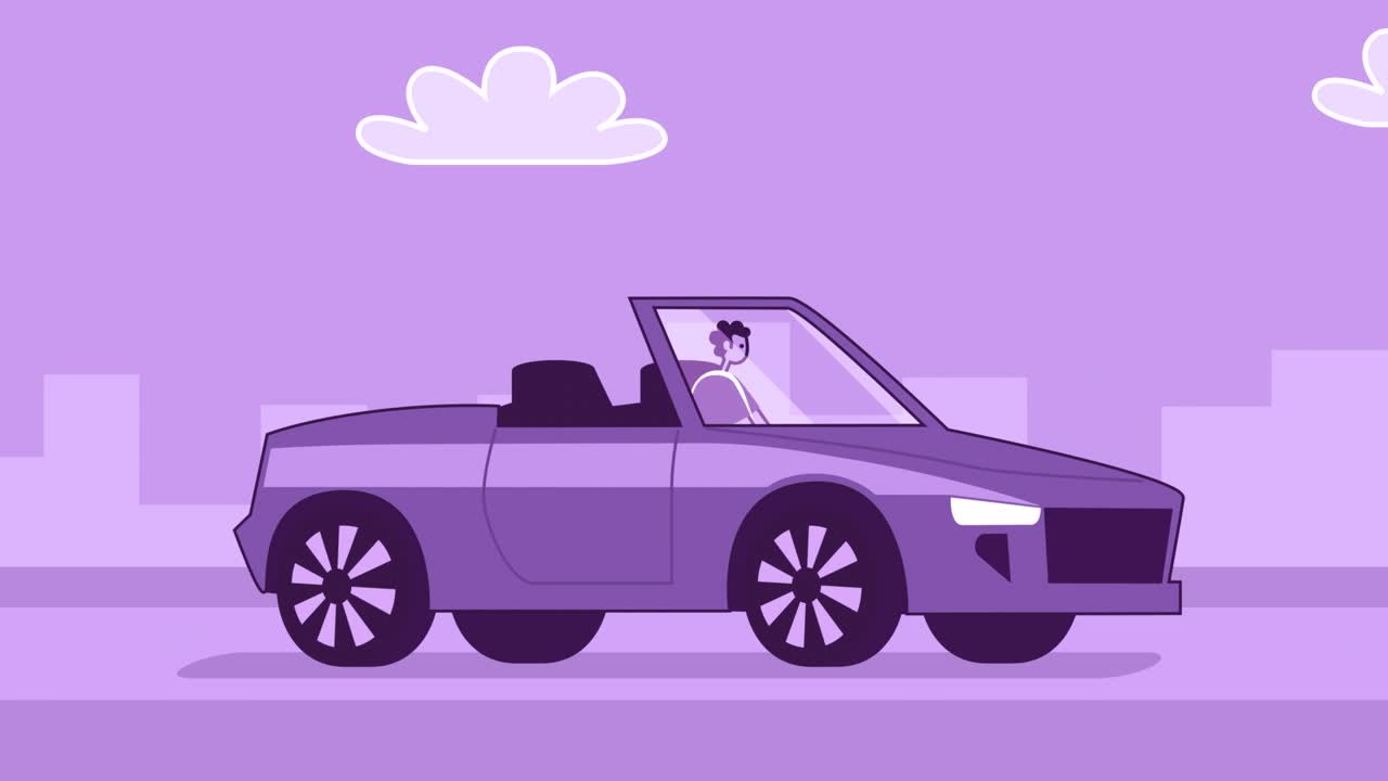 보라색 스타일의 남자, 평평한 캐릭터, 보라색 카버리블을 운전하는 사람, 알파 채널과 함께 고립된 루프 애니메이션